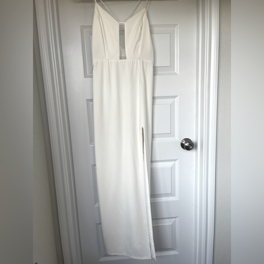 Forever 21 sz S white long maxi dress mesh insert, side split strappy engagement